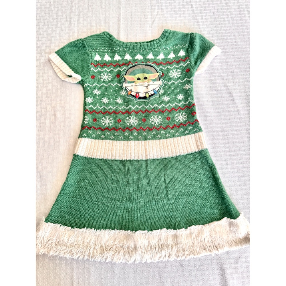 Star Wars Grogu Baby Yoda Holiday Sweater Dress Green Faux Fur XS 4-5 182887LNM
